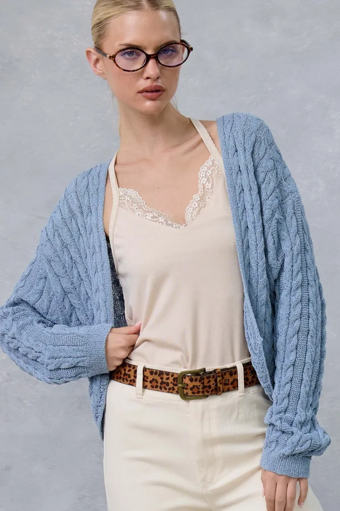 Blue Dolman Sleeve Boho Cable Knit Cardigan sold by Pinkblush