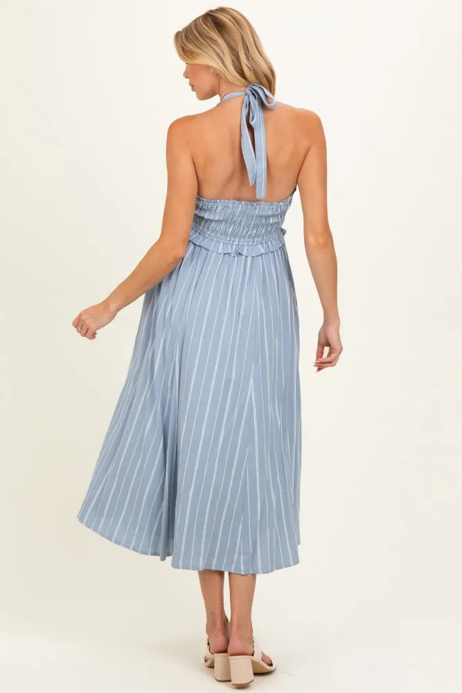 Blue Striped Smocked Halter Maternity Midi Dress sold by Pinkblush product image thumbnail 3