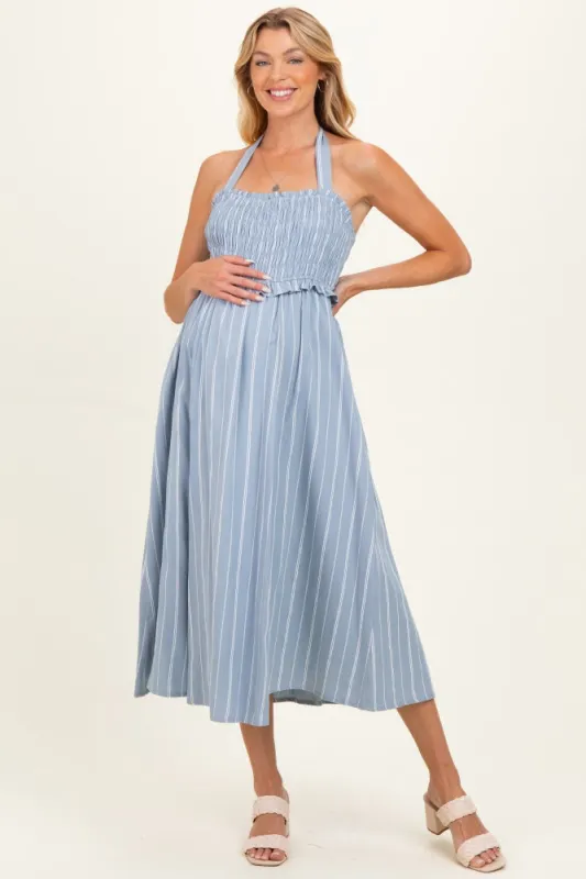 Blue Striped Smocked Halter Maternity Midi Dress made by Inloom