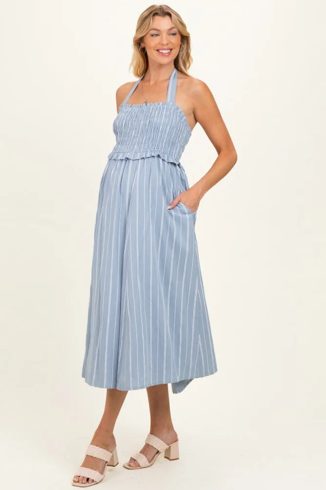 Blue Striped Smocked Halter Maternity Midi Dress sold by Pinkblush product image thumbnail 2