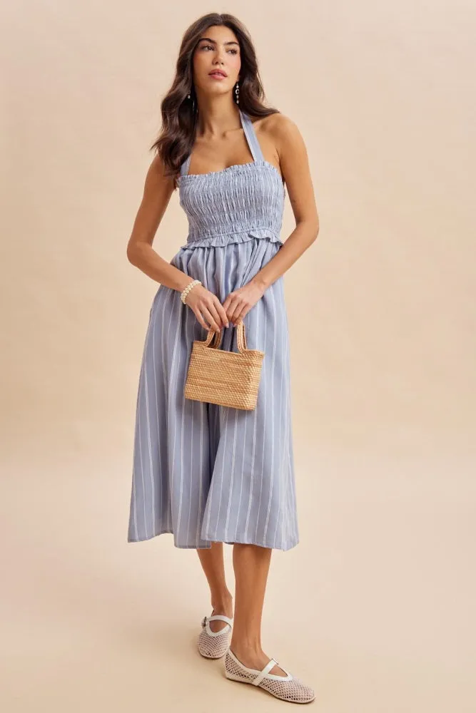 Blue Striped Smocked Halter Midi Dress sold by Pinkblush product image thumbnail 2