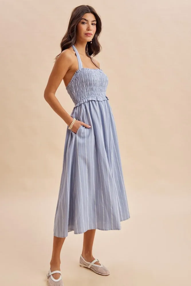 Blue Striped Smocked Halter Midi Dress sold by Pinkblush product image thumbnail 3