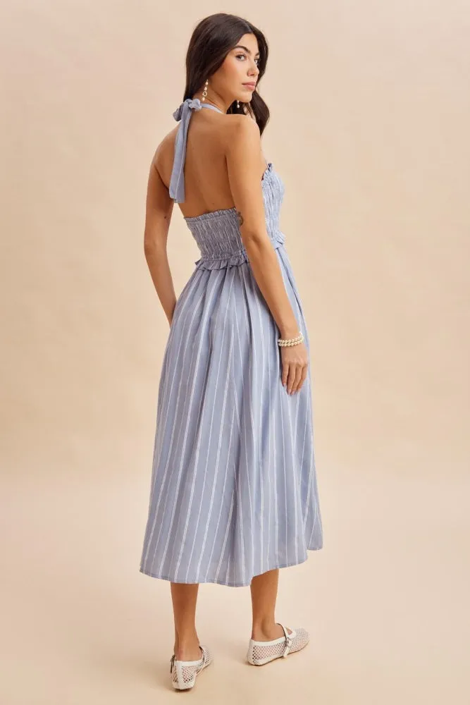 Blue Striped Smocked Halter Midi Dress sold by Pinkblush product image thumbnail 4