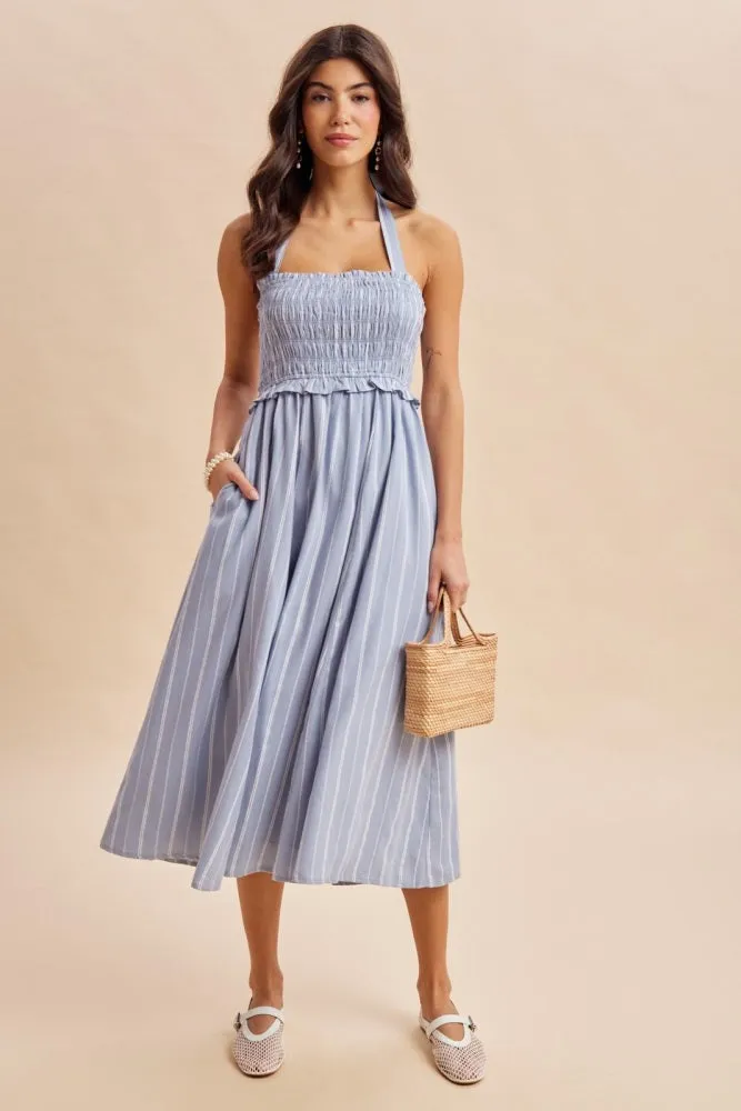 Blue Striped Smocked Halter Midi Dress sold by Pinkblush