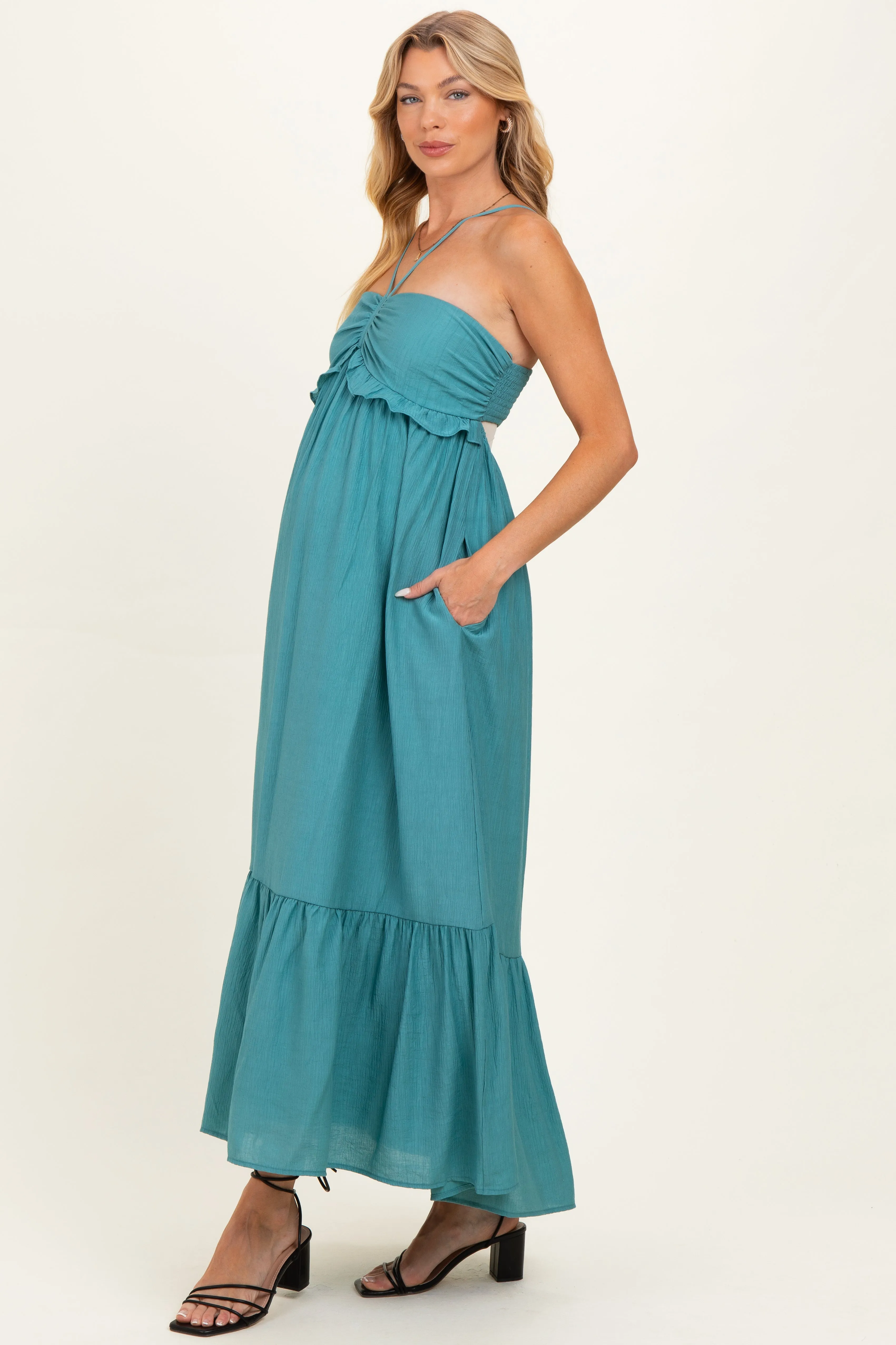 Aqua Teal Halter Neck Tiered Cutout Maternity Maxi Dress sold by Pinkblush product image thumbnail 2