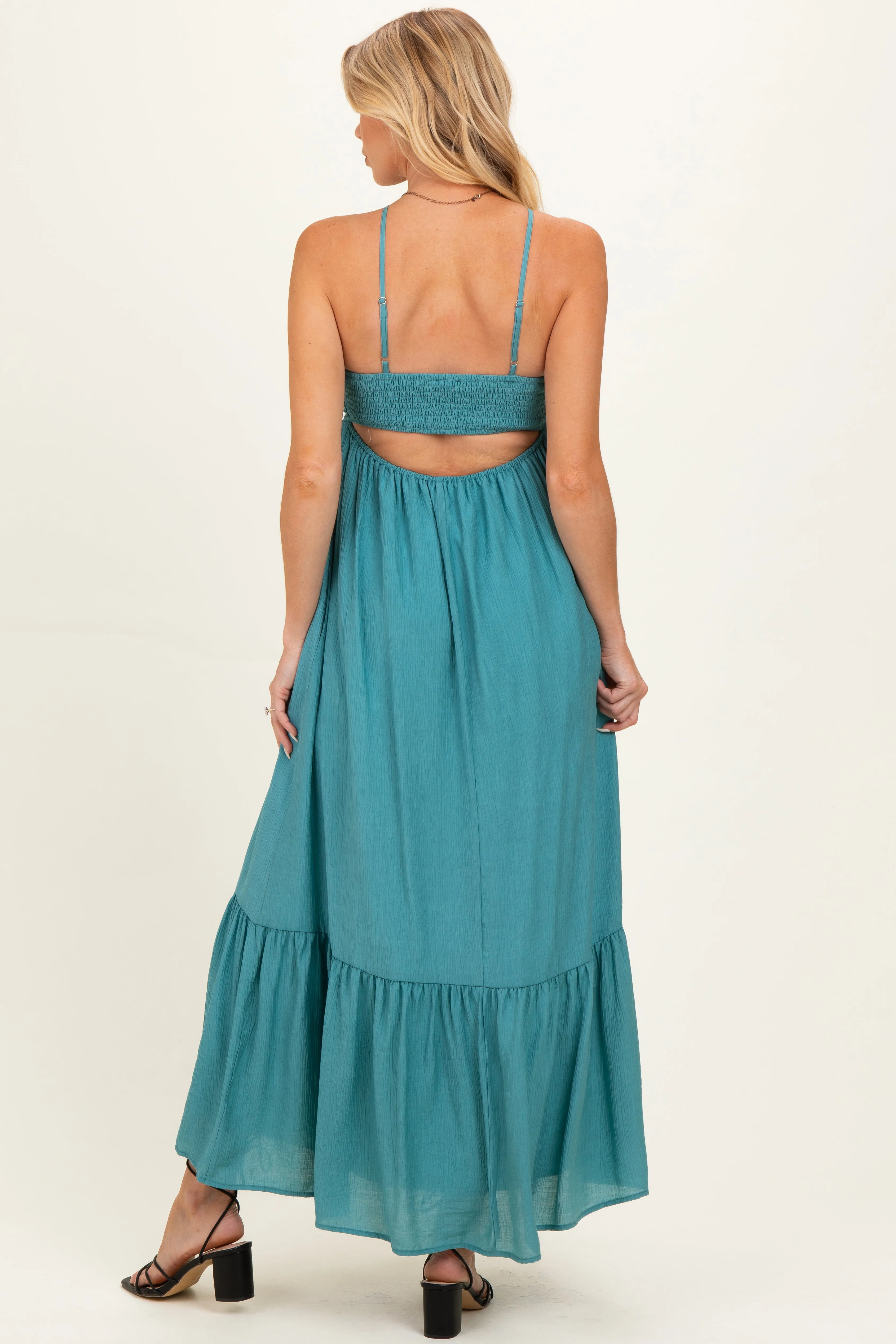 Aqua Teal Halter Neck Tiered Cutout Maternity Maxi Dress sold by Pinkblush product image thumbnail 3