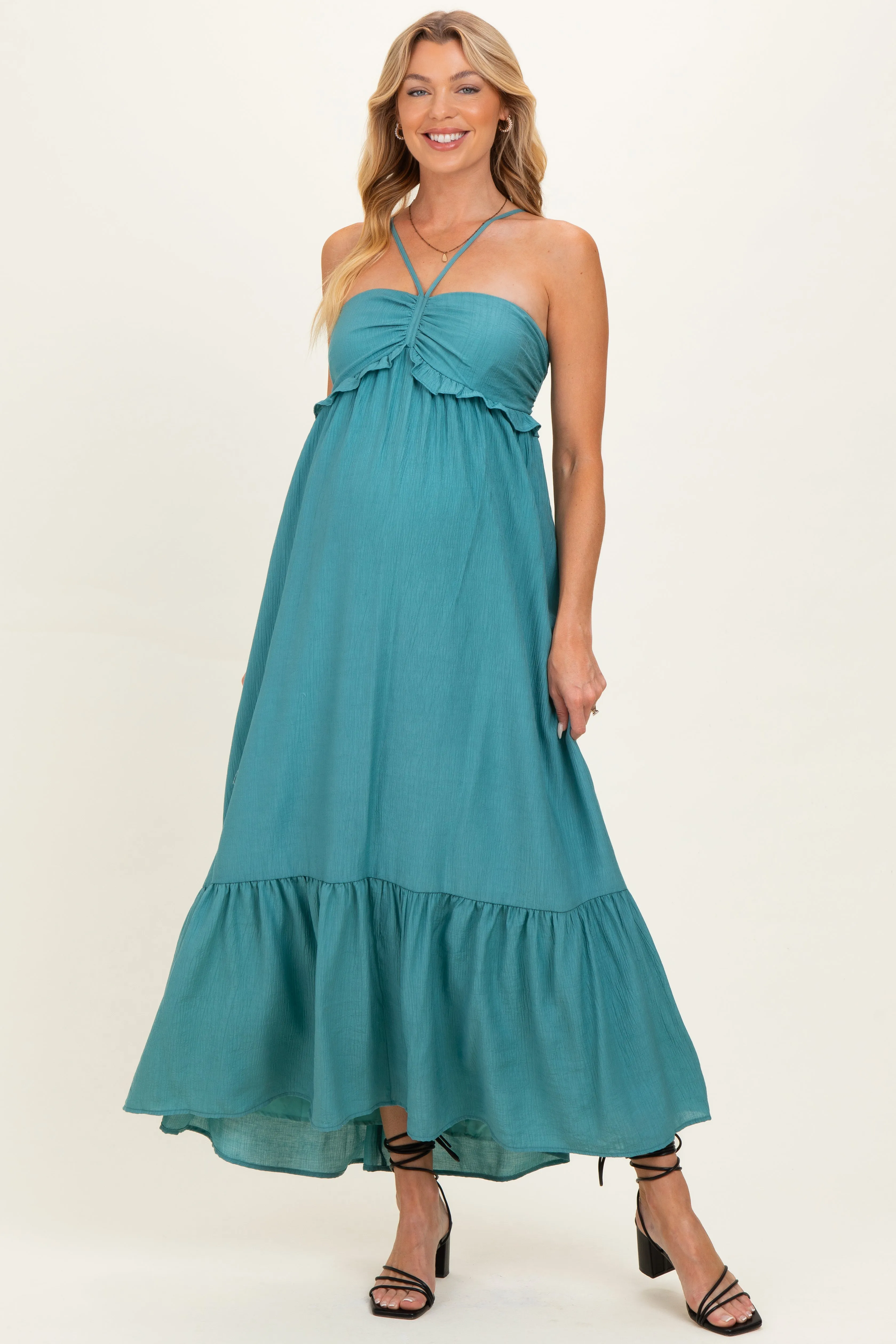 Aqua Teal Halter Neck Tiered Cutout Maternity Maxi Dress sold by Pinkblush