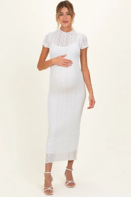 White Sheer Lace Overlay Short Sleeve Maternity Midi Dress made by Pinkblush