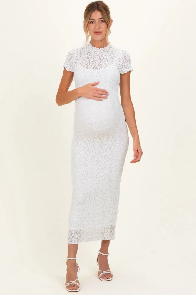 White Sheer Lace Overlay Short Sleeve Maternity Midi Dress sold by Pinkblush