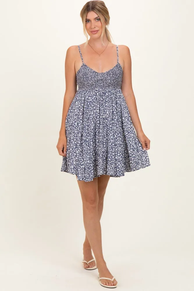 Navy Ditsy Floral V-Neck Smocked Maternity Mini Dress sold by Pinkblush product image thumbnail 4