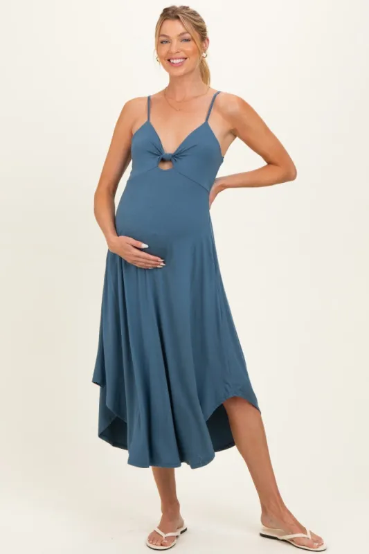 Blue Solid V-Neck Cami Maternity Dress made by Final Touch