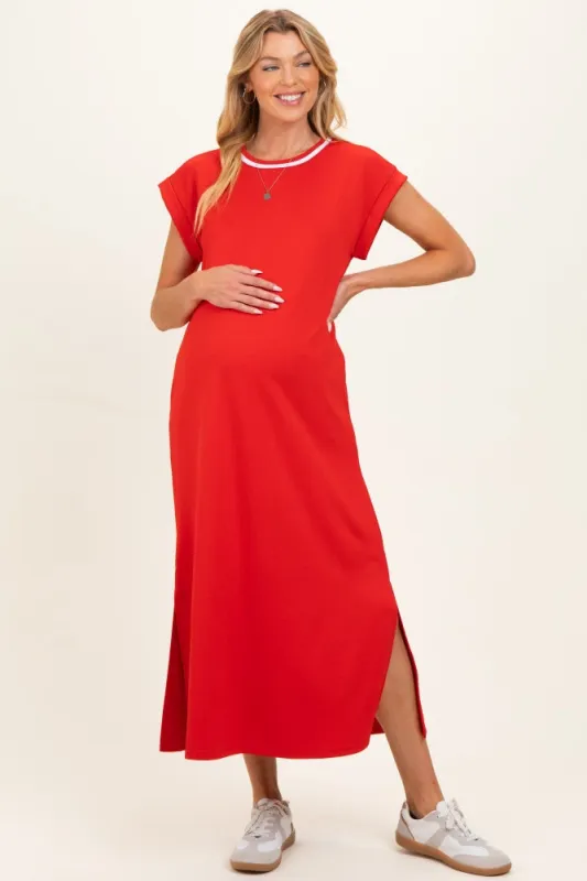 Tomato Red Side Slit Maternity Midi Dress made by JODIFL