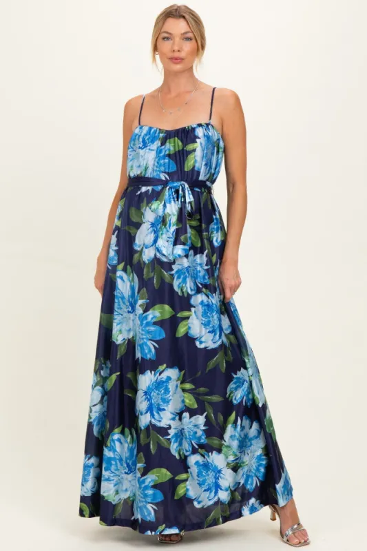 Navy Floral Waist Tie Maternity Maxi Dress made by Flying Tomato