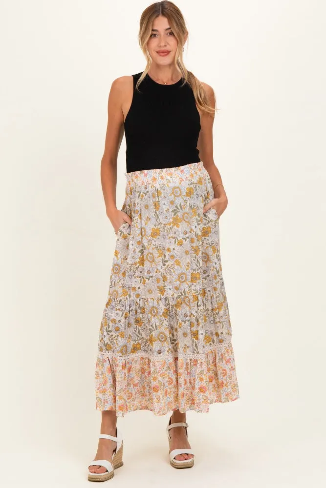 Lemon Mixed Floral Smocked Waist Maternity Maxi Skirt sold by Pinkblush