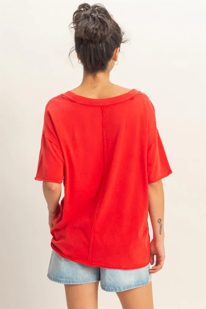 Red Washed V-Neck Oversized Tee sold by Pinkblush product image thumbnail 4