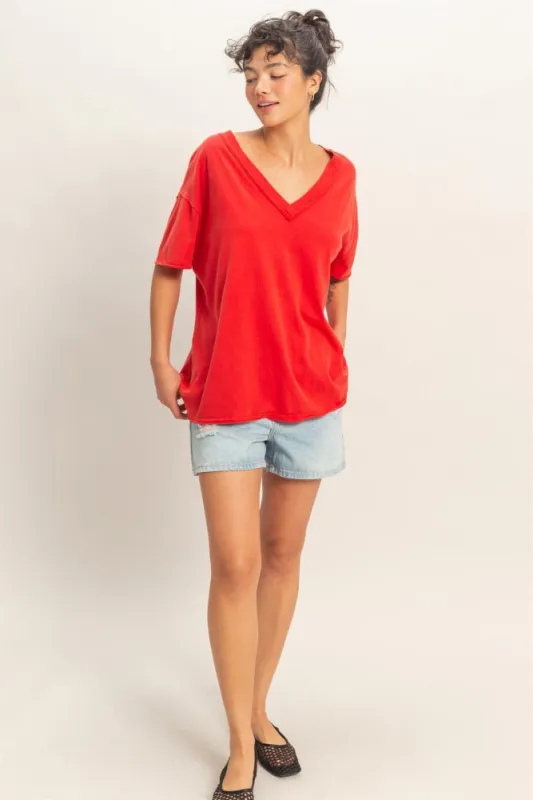 Red Washed V-Neck Oversized Tee made by HYFVE