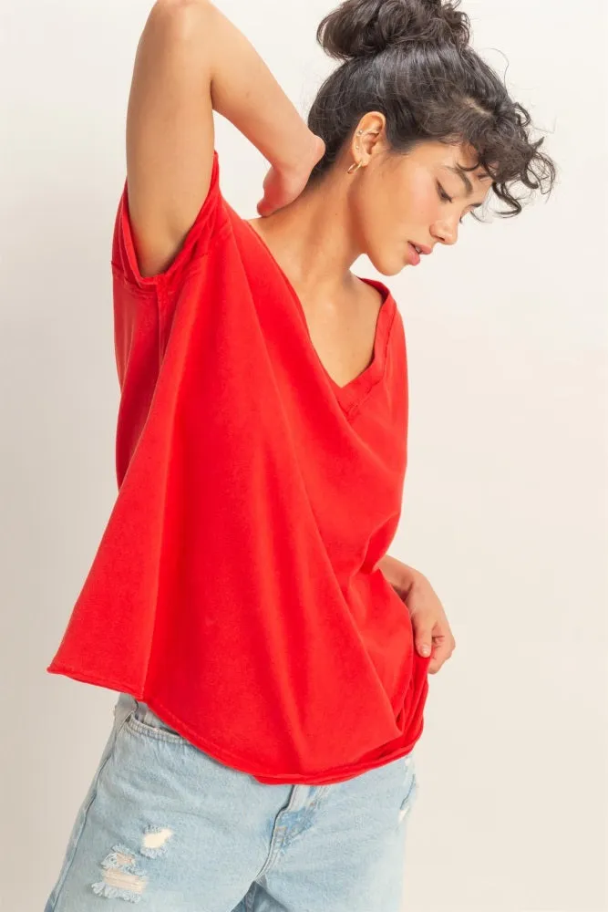 Red Washed V-Neck Oversized Tee sold by Pinkblush product image thumbnail 2