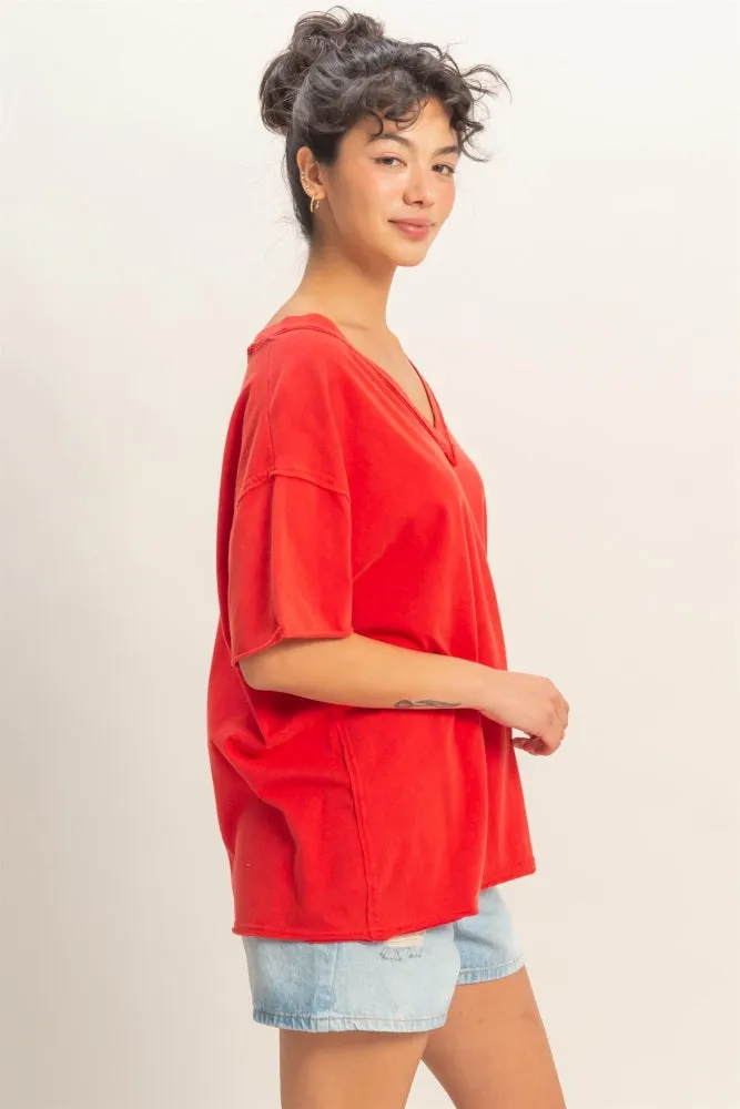 Red Washed V-Neck Oversized Tee sold by Pinkblush product image thumbnail 3