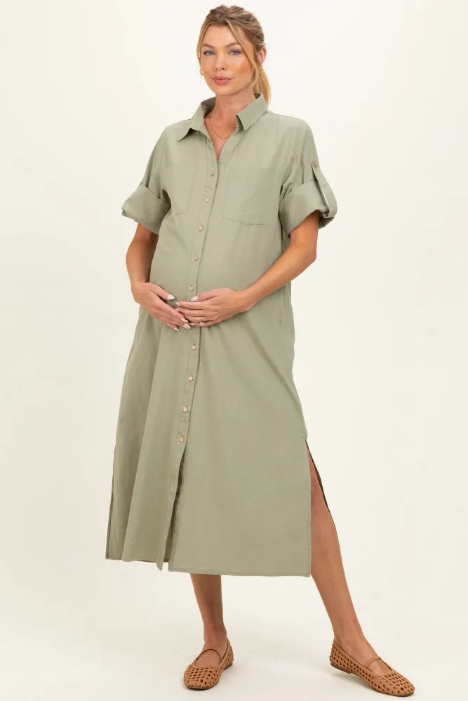 Sage Side Slit Button Down Maternity Midi Dress sold by Pinkblush