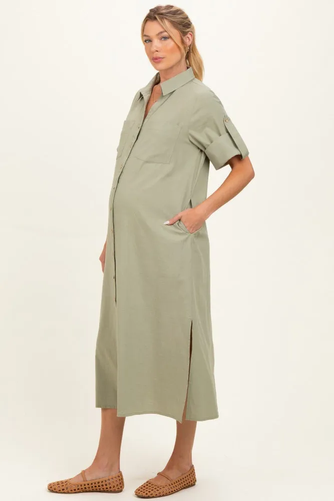 Sage Side Slit Button Down Maternity Midi Dress sold by Pinkblush product image thumbnail 2