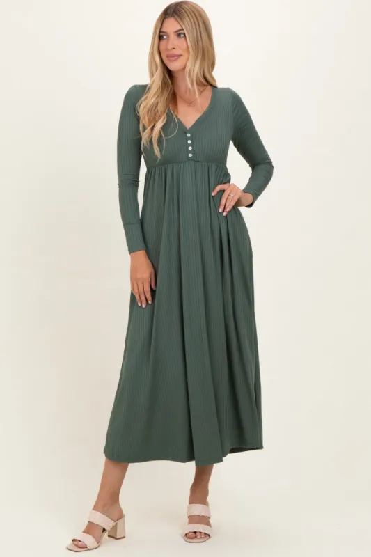 Olive Ribbed Knit Long Sleeve Maxi Dress made by Pinkblush