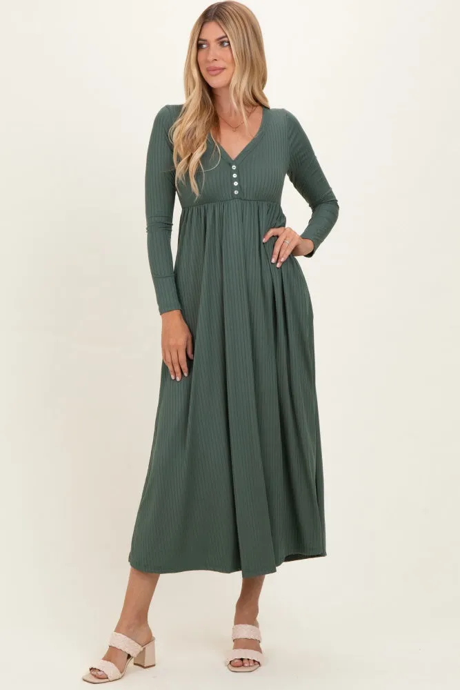 Olive Ribbed Knit Long Sleeve Maxi Dress sold by Pinkblush
