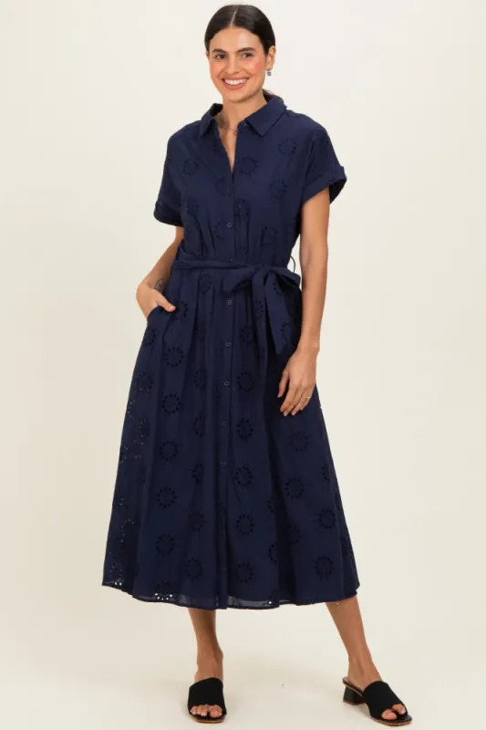 Navy Eyelet Lace Waist Tie Shirt Dress made by Pinkblush