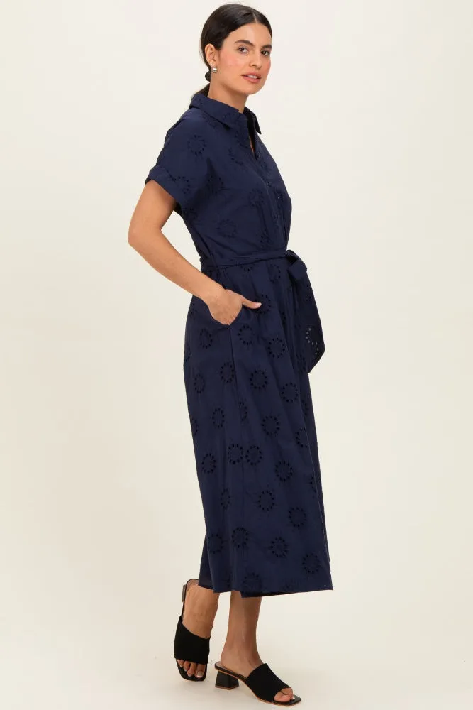 Navy Eyelet Lace Waist Tie Shirt Dress sold by Pinkblush product image thumbnail 2