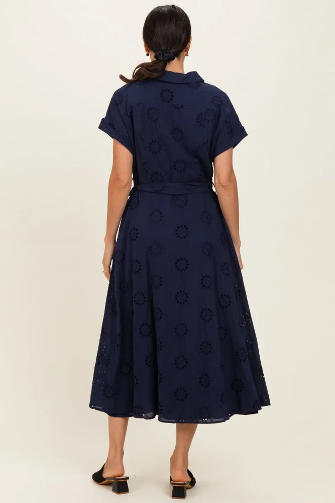Navy Eyelet Lace Waist Tie Shirt Dress sold by Pinkblush product image thumbnail 3