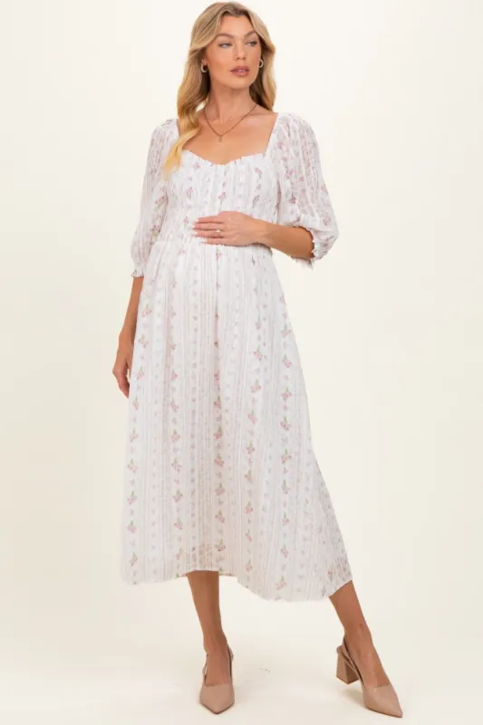 Cream Floral Smocked Maternity Midi Dress made by Pinkblush