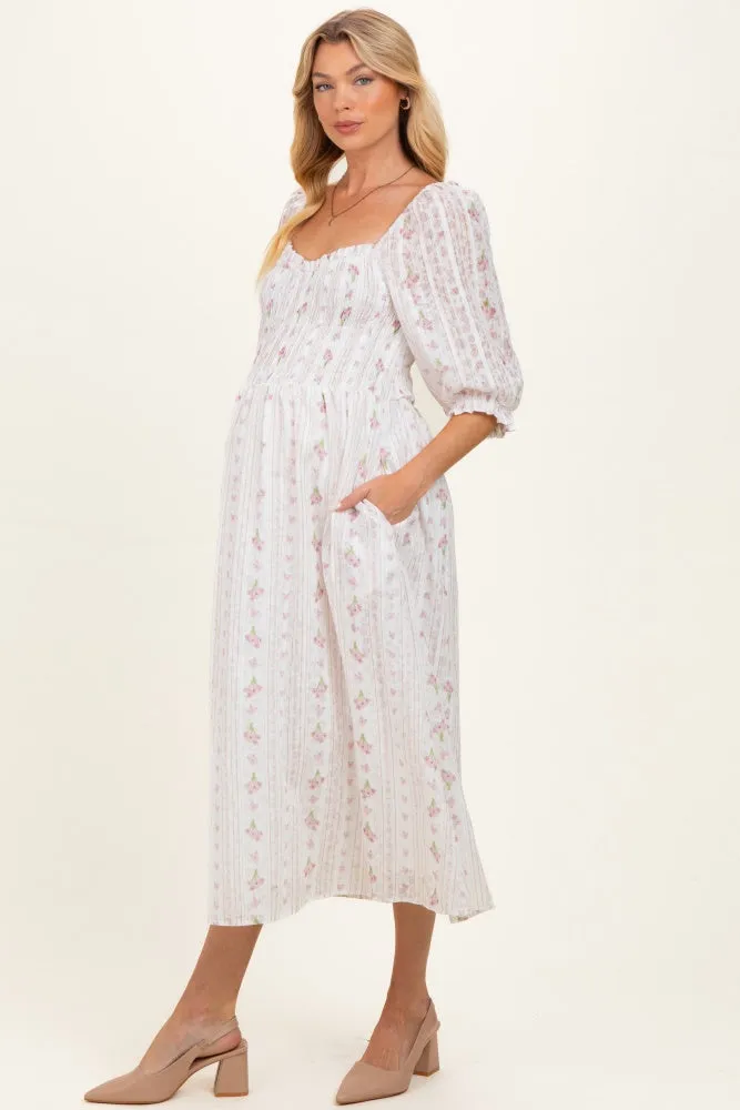 Cream Floral Smocked Maternity Midi Dress sold by Pinkblush product image thumbnail 2
