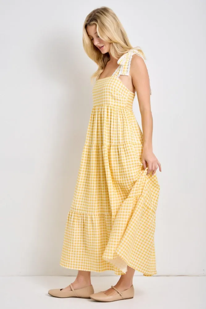 Yellow Gingham Lace Trim Shoulder Tie Maxi Dress sold by Pinkblush product image thumbnail 2