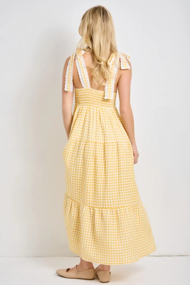 Yellow Gingham Lace Trim Shoulder Tie Maxi Dress sold by Pinkblush product image thumbnail 3