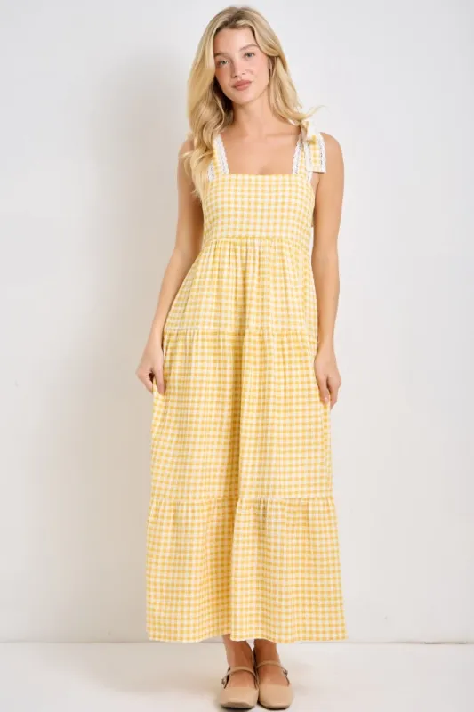 Yellow Gingham Lace Trim Shoulder Tie Maxi Dress made by BaeVely