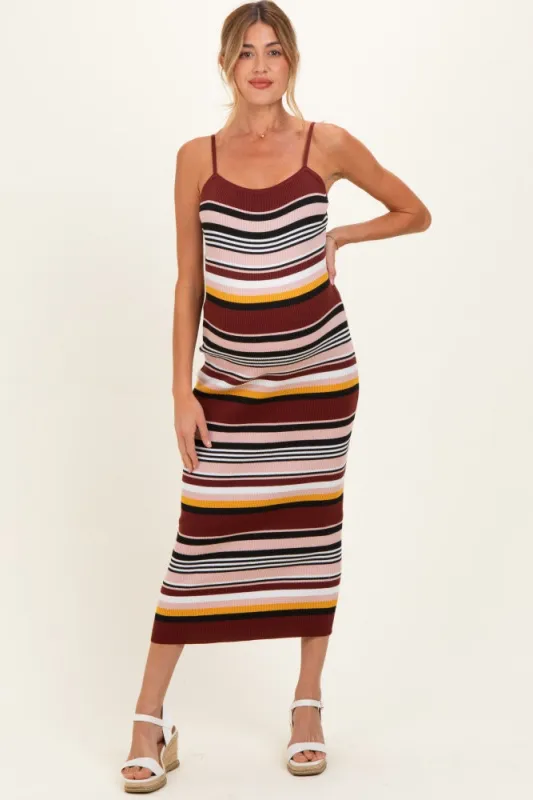 Burgundy Multi Stripe Knit Maternity Midi Dress made by Flying Tomato