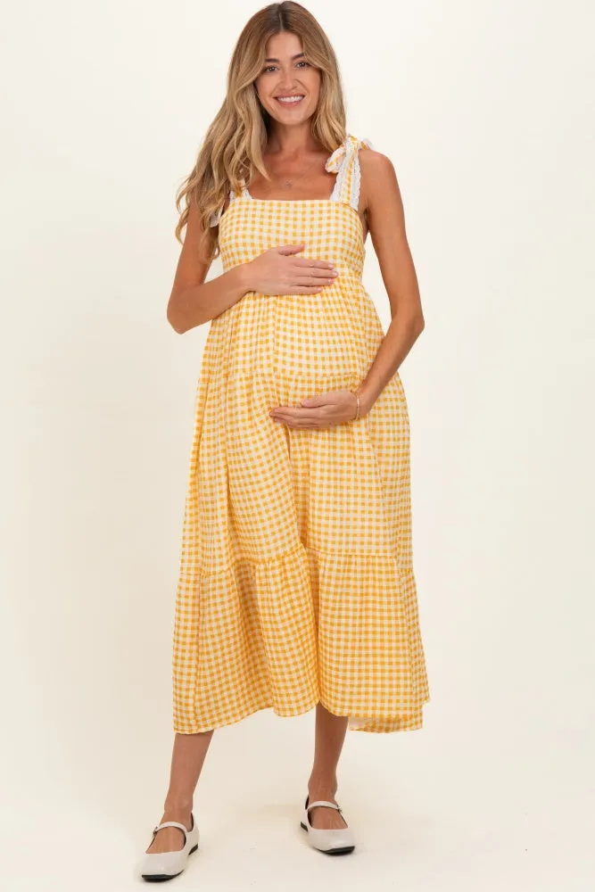 Yellow Gingham Lace Trim Shoulder Tie Maternity Maxi Dress sold by Pinkblush