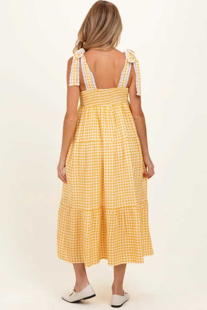 Yellow Gingham Lace Trim Shoulder Tie Maternity Maxi Dress sold by Pinkblush product image thumbnail 2