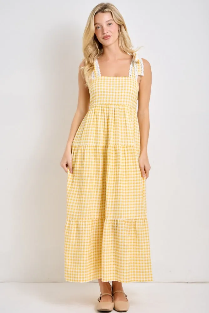 Yellow Gingham Lace Trim Shoulder Tie Maternity Maxi Dress sold by Pinkblush product image thumbnail 3