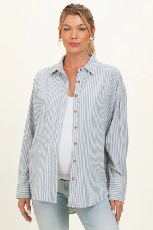 Blue Oversized Striped Button Down Long Sleeve Maternity Shirt made by Hem & Thread