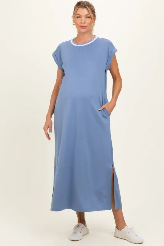 Denim Blue Side Slit Maternity Midi Dress made by JODIFL