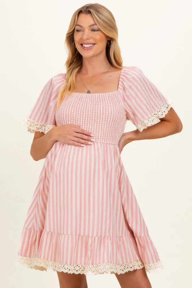 Light Pink Striped Smocked Lace Trim Maternity Dress sold by Pinkblush product image thumbnail 2