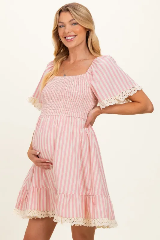 Light Pink Striped Smocked Lace Trim Maternity Dress made by BiBi