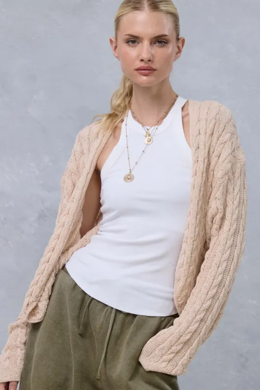 Beige Dolman Sleeve Boho Cable Knit Cardigan made by La Miel