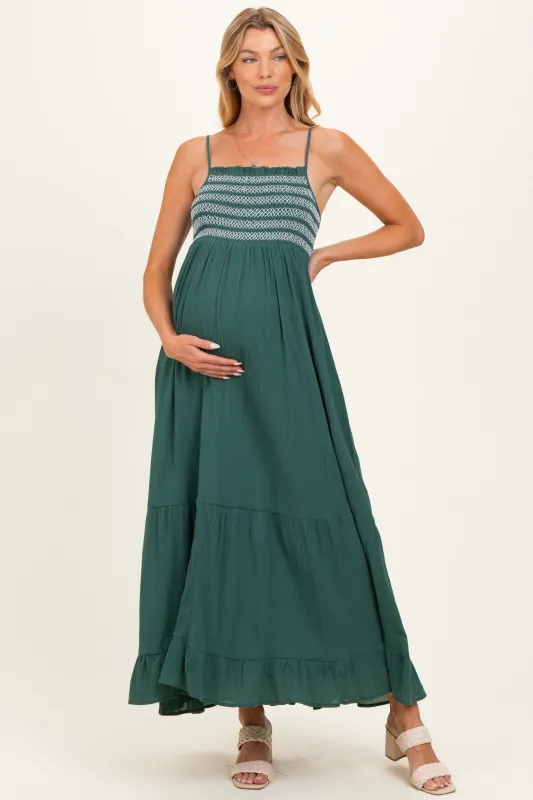 Rich Teal Embroidered Smocked Maternity Maxi Dress made by Inloom