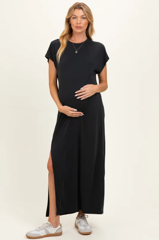 Vintage Black Boxy Side Slit Maternity Maxi Dress made by BE COOL