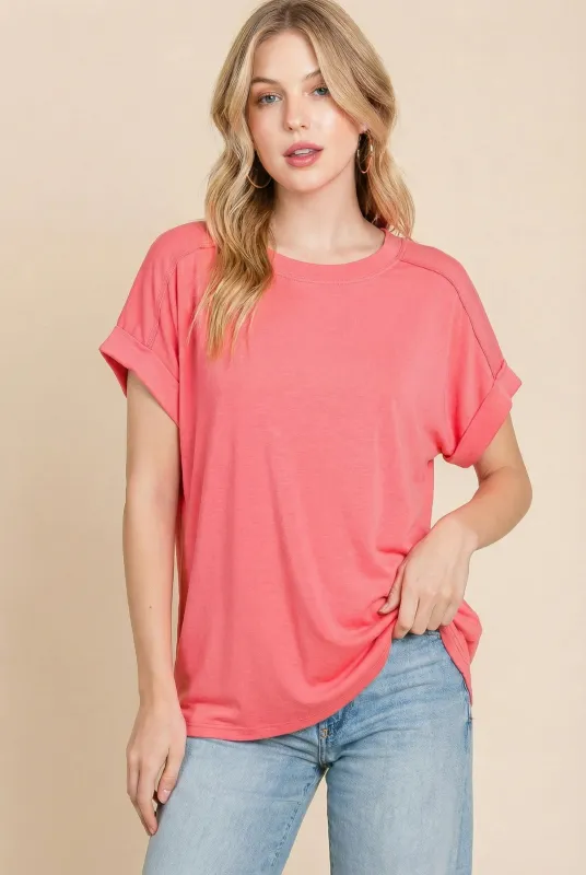 Coral Rolled Cuff Sleeve Relaxed Fit Tee made by Pinkblush