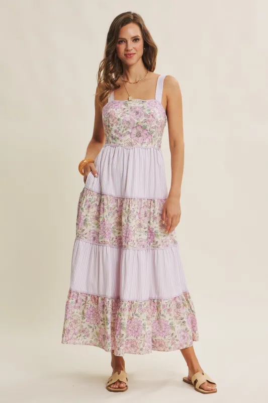 Lavender Multi Floral Tiered Sleeveless Midi Dress made by In February