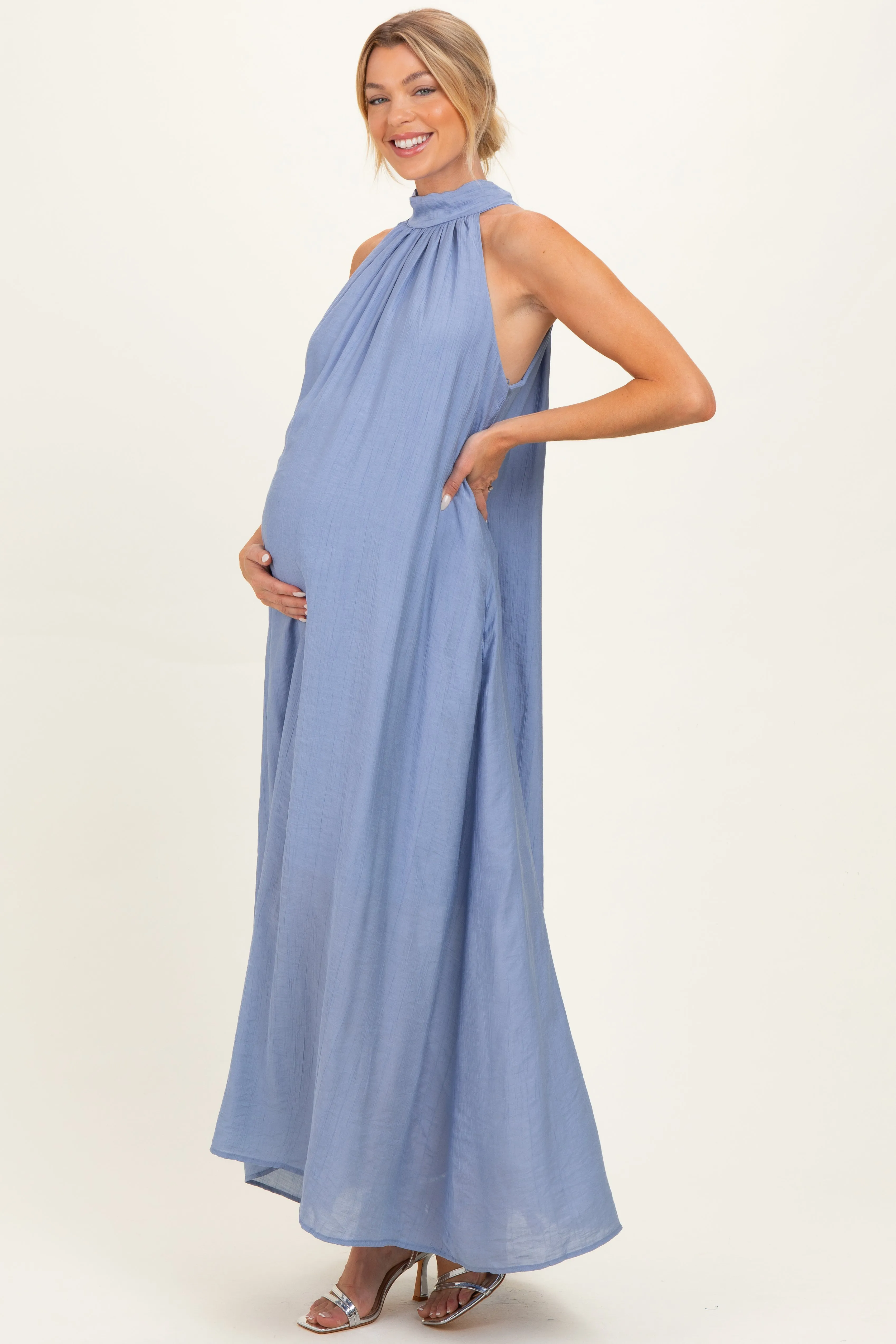 Light Blue Halter Maternity Maxi Dress sold by Pinkblush product image thumbnail 2
