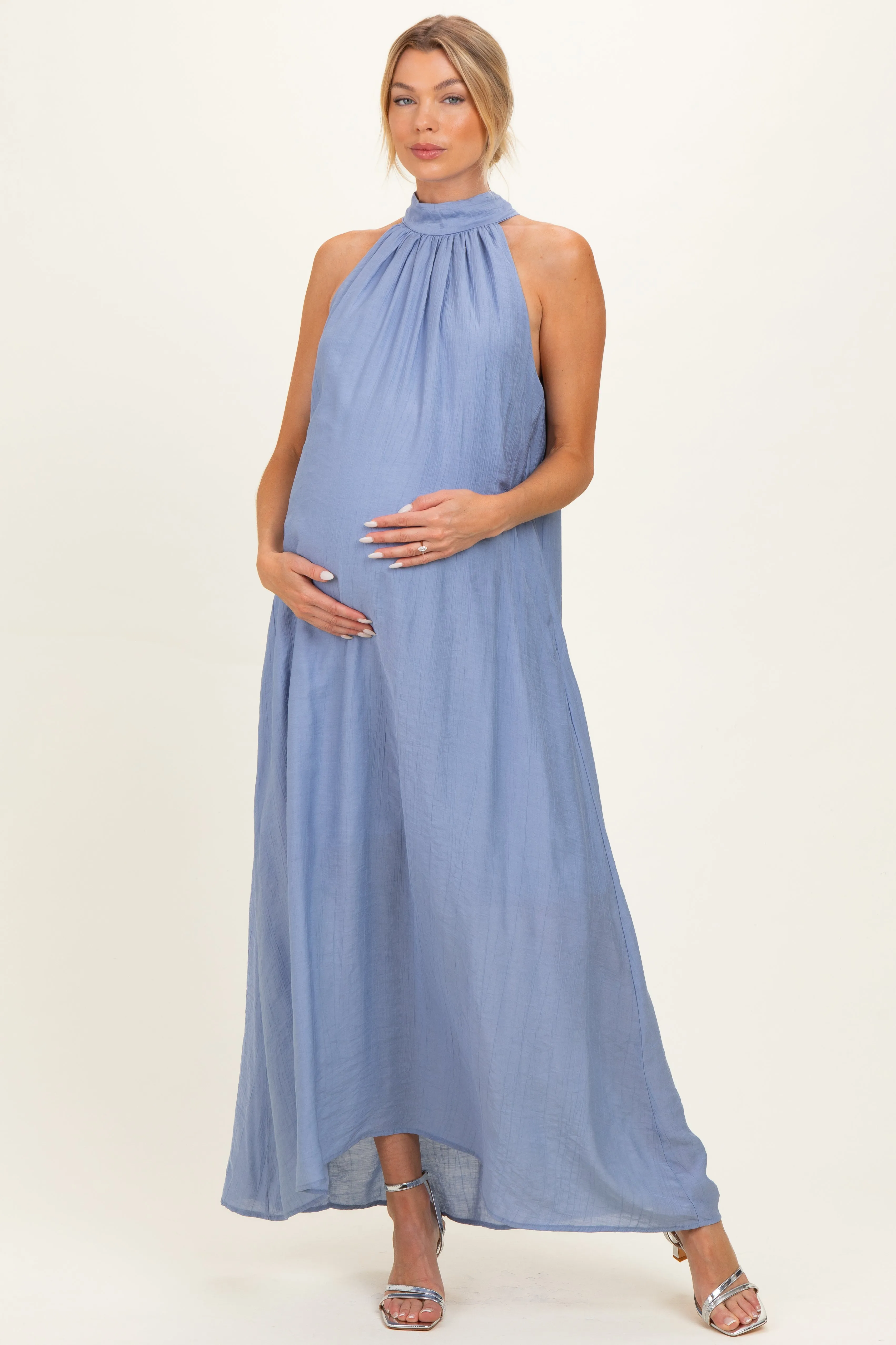 Light Blue Halter Maternity Maxi Dress sold by Pinkblush