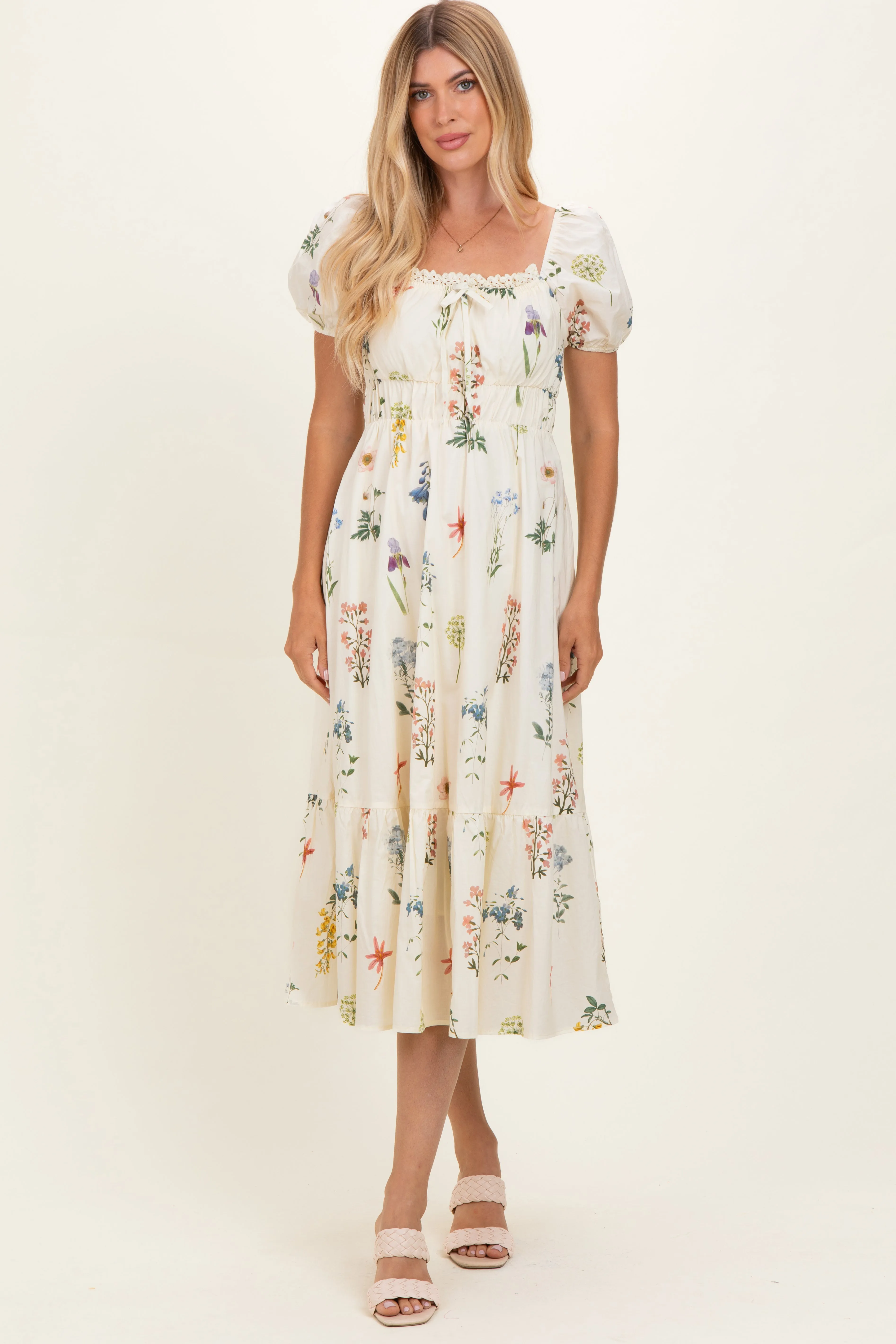 Oatmeal Floral Puff Sleeve Midi Dress sold by Pinkblush product image thumbnail 2